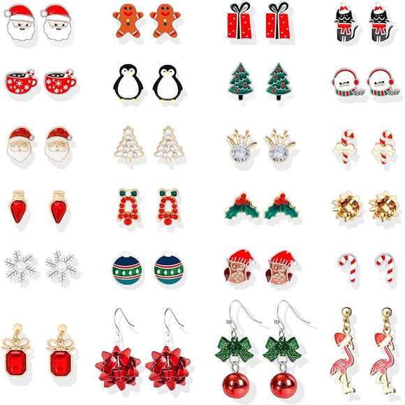 New 24 Pairs Christmas Stud Earrings Set for Women Tree Snowflake Gift B… - Picture 1 of 5